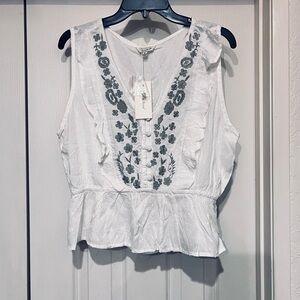 NWT SIM & SAM WHITE/OKIVE GREEN FLORAL EMBROIDERED PEPLUM TOP SIZE XL